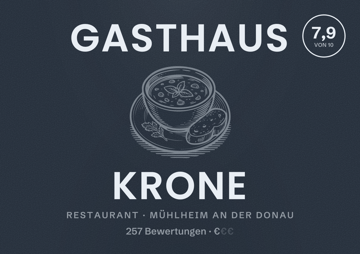 Illustriertes Poster von Gasthaus Krone, Restaurant in Mühlheim an der Donau: Bewertung 7,9 von 10 aus 257 Bewertungen, Preisniveau €
