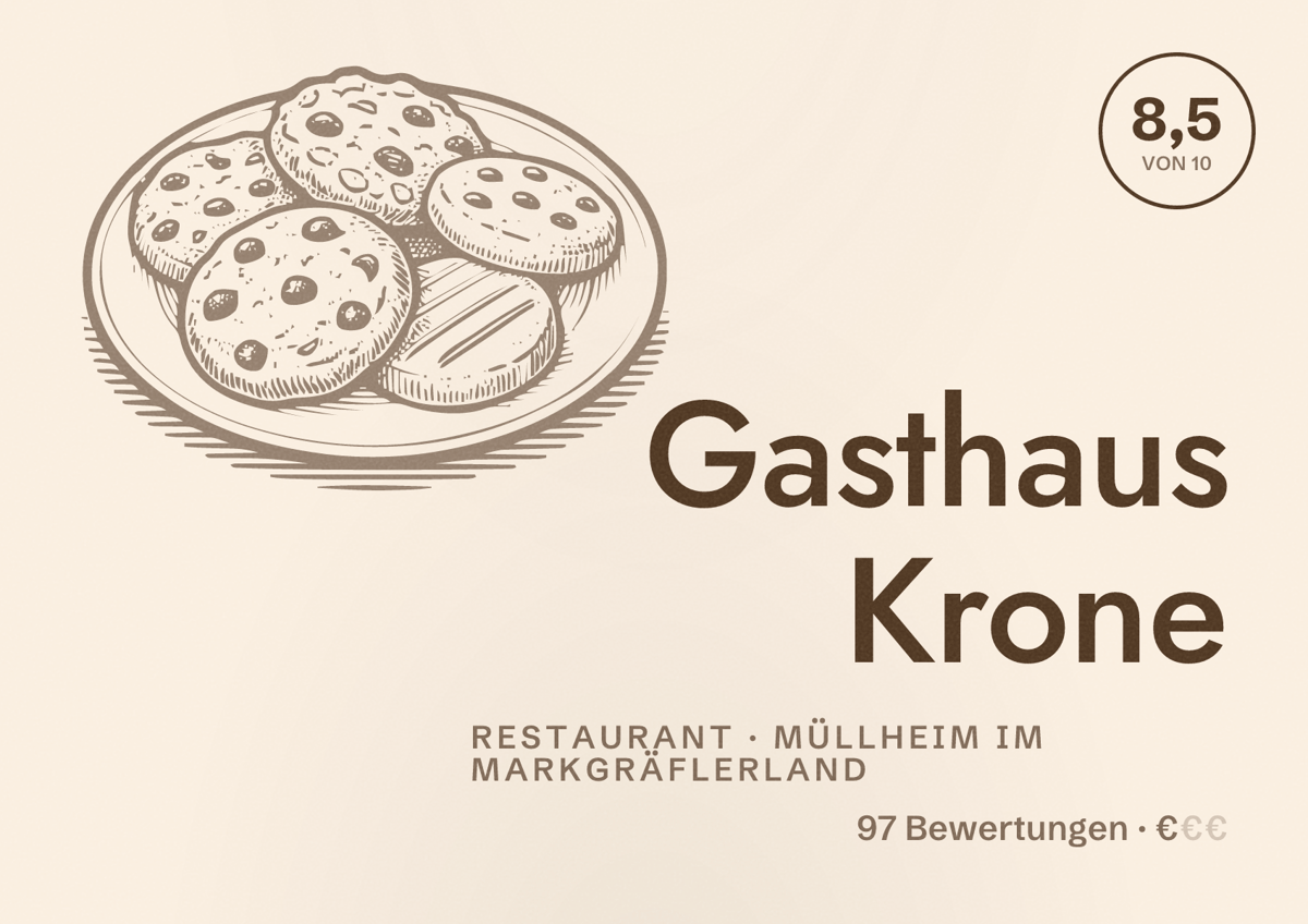 Illustriertes Poster von Gasthaus Krone, Restaurant in Müllheim im Markgräflerland: Bewertung 8,5 von 10 aus 97 Bewertungen, Preisniveau €