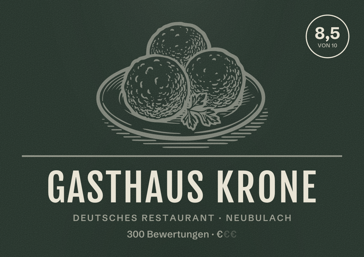 Illustriertes Poster von Gasthaus Krone, Deutsches Restaurant in Neubulach: Bewertung 8,5 von 10 aus 300 Bewertungen, Preisniveau €