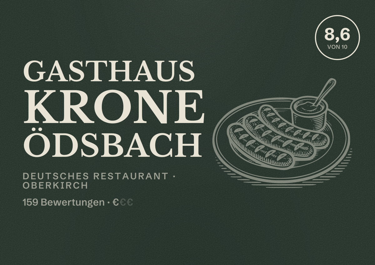 Illustriertes Poster von Gasthaus Krone Ödsbach, Deutsches Restaurant in Oberkirch: Bewertung 8,6 von 10 aus 159 Bewertungen, Preisniveau €
