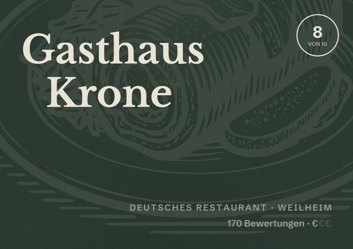 Illustriertes Poster von Gasthaus Krone, Deutsches Restaurant in Weilheim: Bewertung 8 von 10 aus 170 Bewertungen, Preisniveau €