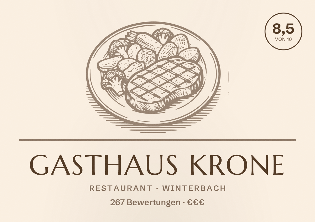 Illustriertes Poster von Gasthaus Krone, Restaurant in Winterbach: Bewertung 8,5 von 10 aus 267 Bewertungen, Preisniveau €€€