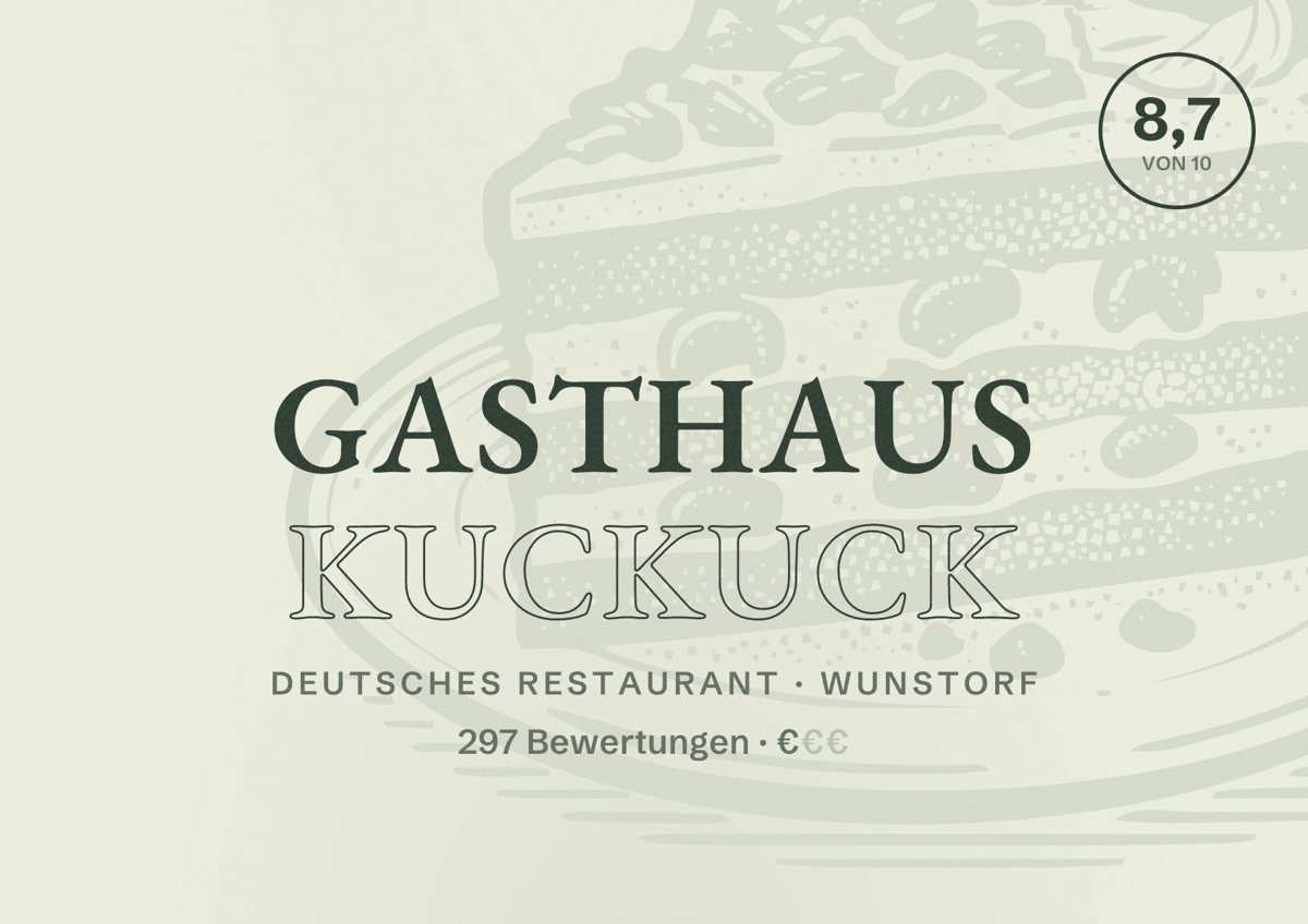 Illustriertes Poster von Gasthaus Kuckuck, Deutsches Restaurant in Wunstorf: Bewertung 8,7 von 10 aus 297 Bewertungen, Preisniveau €