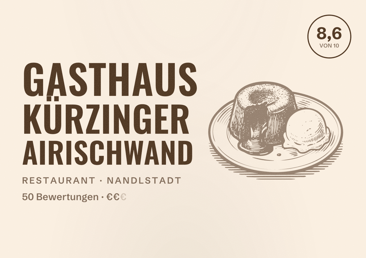 Illustriertes Poster von Gasthaus Kürzinger Airischwand, Restaurant in Nandlstadt: Bewertung 8,6 von 10 aus 50 Bewertungen, Preisniveau €€