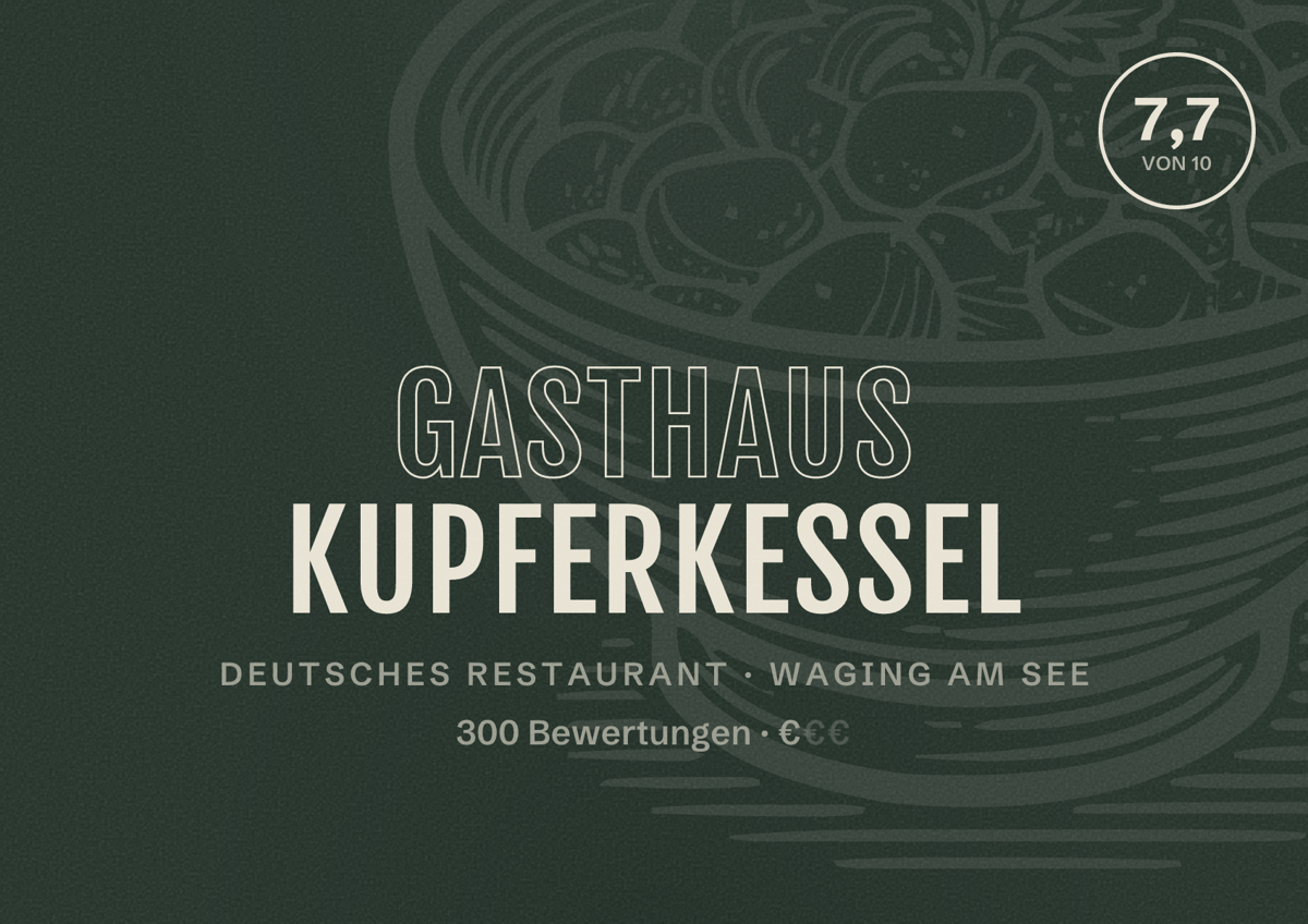 Illustriertes Poster von Gasthaus Kupferkessel, Deutsches Restaurant in Waging am See: Bewertung 7,7 von 10 aus 300 Bewertungen, Preisniveau €