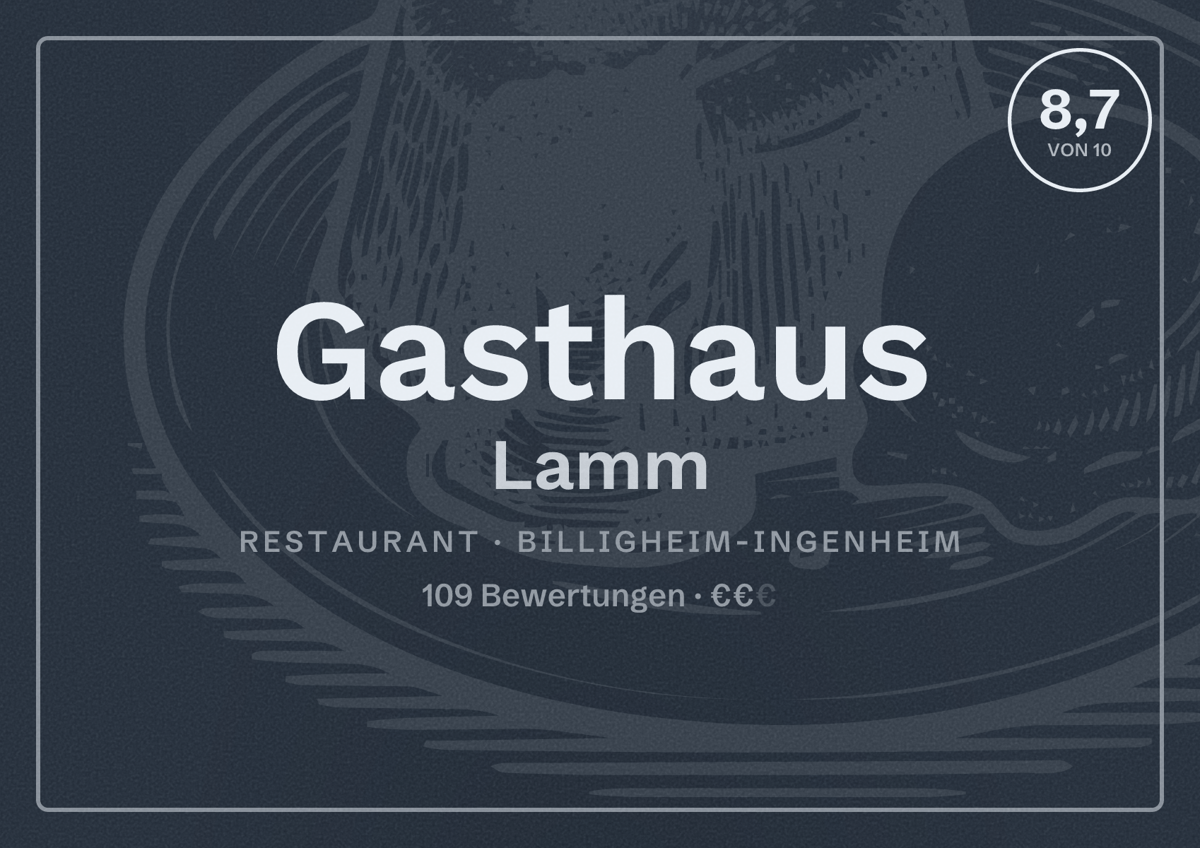 Illustriertes Poster von Gasthaus Lamm, Restaurant in Billigheim-Ingenheim: Bewertung 8,7 von 10 aus 109 Bewertungen, Preisniveau €€