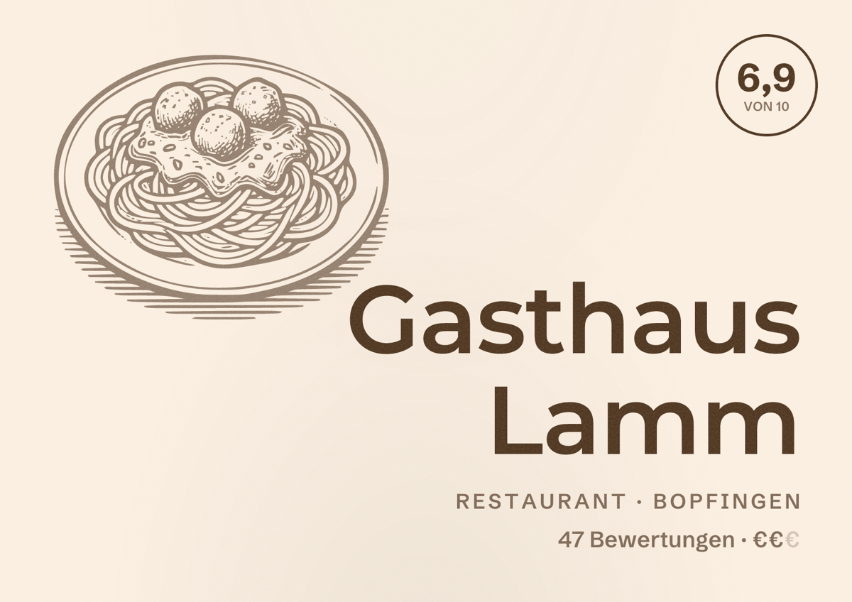 Illustriertes Poster von Gasthaus Lamm, Restaurant in Bopfingen: Bewertung 6,9 von 10 aus 47 Bewertungen, Preisniveau €€