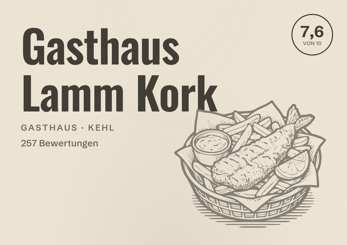 Illustriertes Poster von Gasthaus Lamm Kork, Gasthaus in Kehl: Bewertung 7,6 von 10 aus 257 Bewertungen