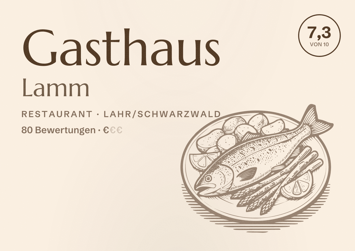Illustriertes Poster von Gasthaus Lamm, Restaurant in Lahr/Schwarzwald: Bewertung 7,3 von 10 aus 80 Bewertungen, Preisniveau €