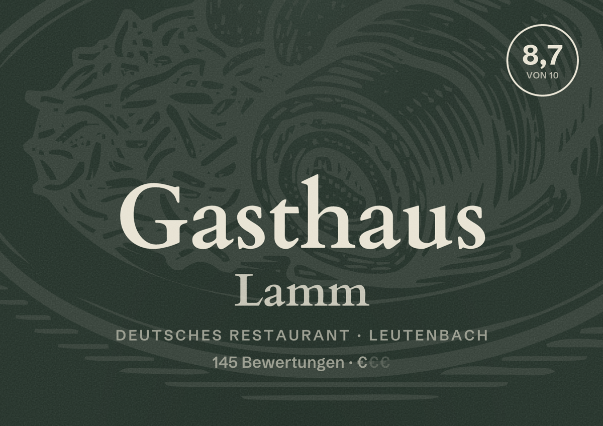 Illustriertes Poster von Gasthaus Lamm, Deutsches Restaurant in Leutenbach: Bewertung 8,7 von 10 aus 145 Bewertungen, Preisniveau €