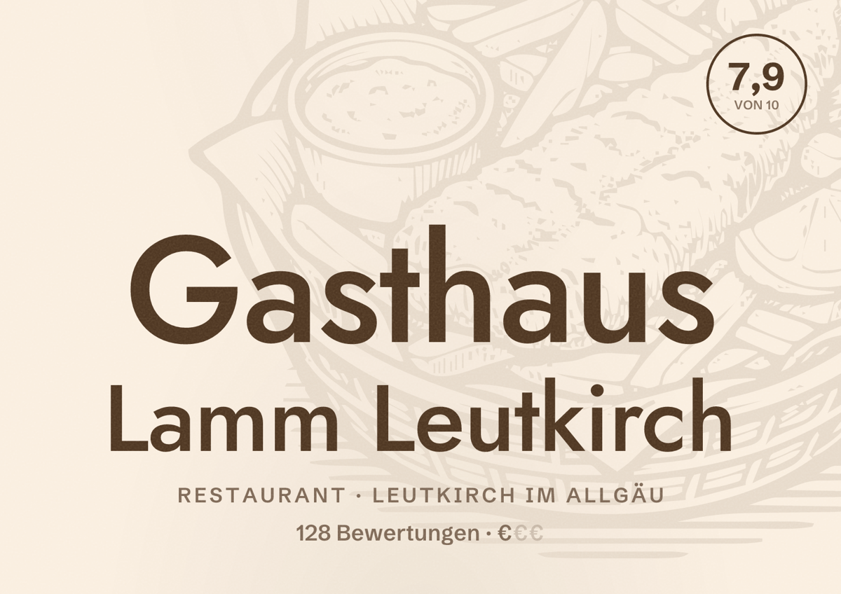 Illustriertes Poster von Gasthaus Lamm Leutkirch, Restaurant in Leutkirch im Allgäu: Bewertung 7,9 von 10 aus 128 Bewertungen, Preisniveau €