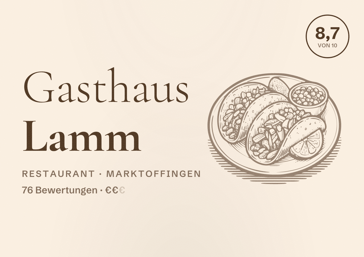 Illustriertes Poster von Gasthaus Lamm, Restaurant in Marktoffingen: Bewertung 8,7 von 10 aus 76 Bewertungen, Preisniveau €€
