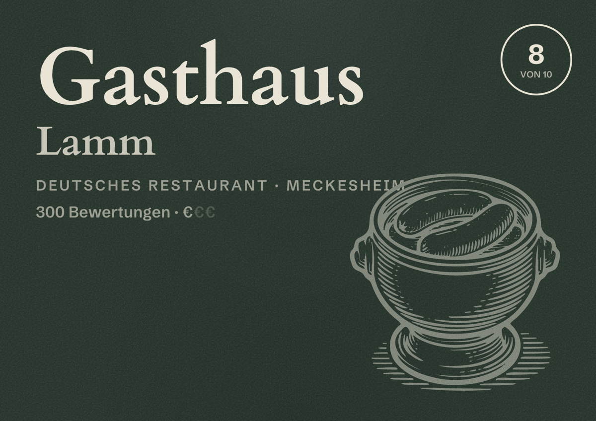 Illustriertes Poster von Gasthaus Lamm, Deutsches Restaurant in Meckesheim: Bewertung 8 von 10 aus 300 Bewertungen, Preisniveau €