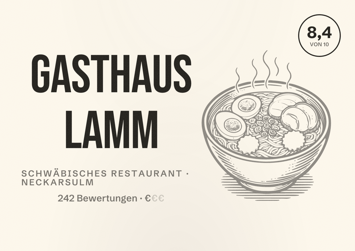 Illustriertes Poster von Gasthaus Lamm, Schwäbisches Restaurant in Neckarsulm: Bewertung 8,4 von 10 aus 242 Bewertungen, Preisniveau €