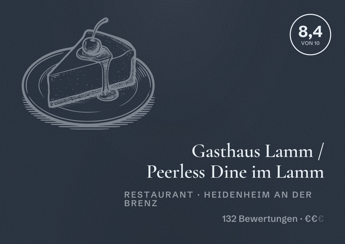 Illustriertes Poster von Gasthaus Lamm / Peerless Dine im Lamm, Restaurant in Heidenheim an der Brenz: Bewertung 8,4 von 10 aus 132 Bewertungen, Preisniveau €€