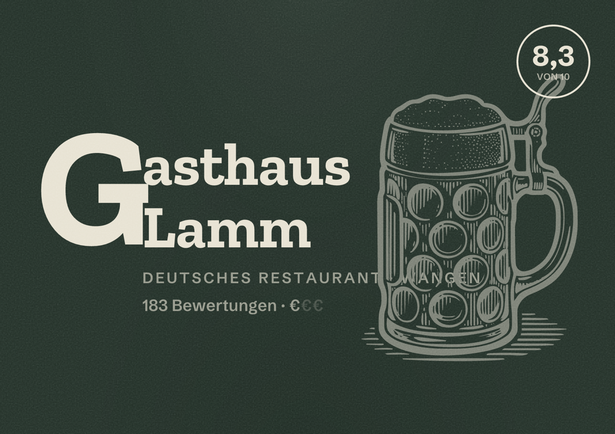 Illustriertes Poster von Gasthaus Lamm, Deutsches Restaurant in Wangen: Bewertung 8,3 von 10 aus 183 Bewertungen, Preisniveau €