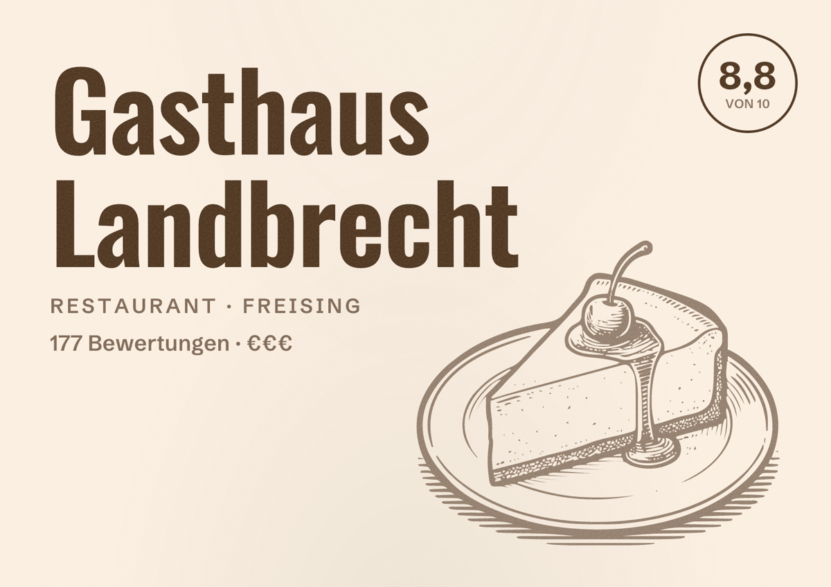 Illustriertes Poster von Gasthaus Landbrecht, Restaurant in Freising: Bewertung 8,8 von 10 aus 177 Bewertungen, Preisniveau €€€