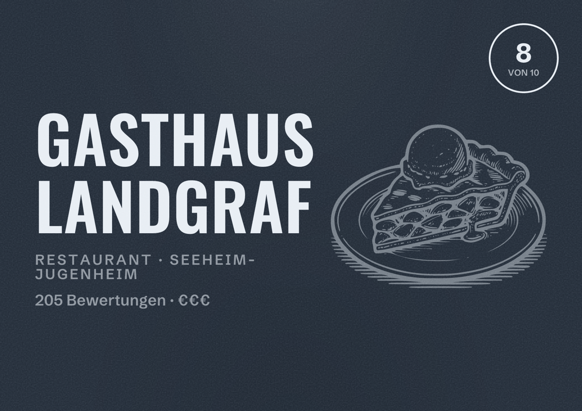 Illustriertes Poster von Gasthaus Landgraf, Restaurant in Seeheim-Jugenheim: Bewertung 8 von 10 aus 205 Bewertungen, Preisniveau €€€