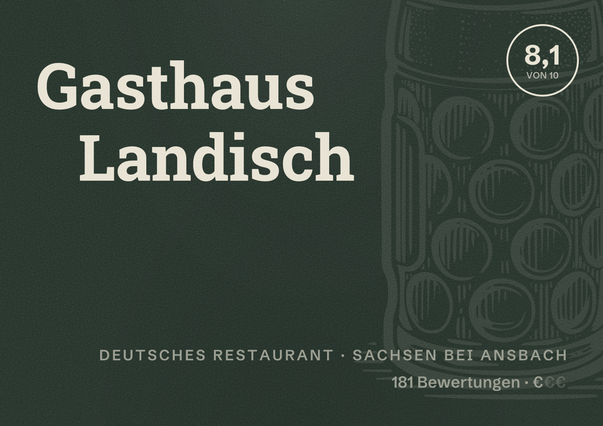 Illustriertes Poster von Gasthaus Landisch, Deutsches Restaurant in Sachsen bei Ansbach: Bewertung 8,1 von 10 aus 181 Bewertungen, Preisniveau €