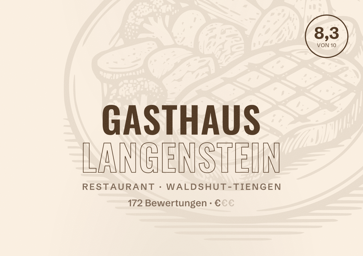 Illustriertes Poster von Gasthaus Langenstein, Restaurant in Waldshut-Tiengen: Bewertung 8,3 von 10 aus 172 Bewertungen, Preisniveau €
