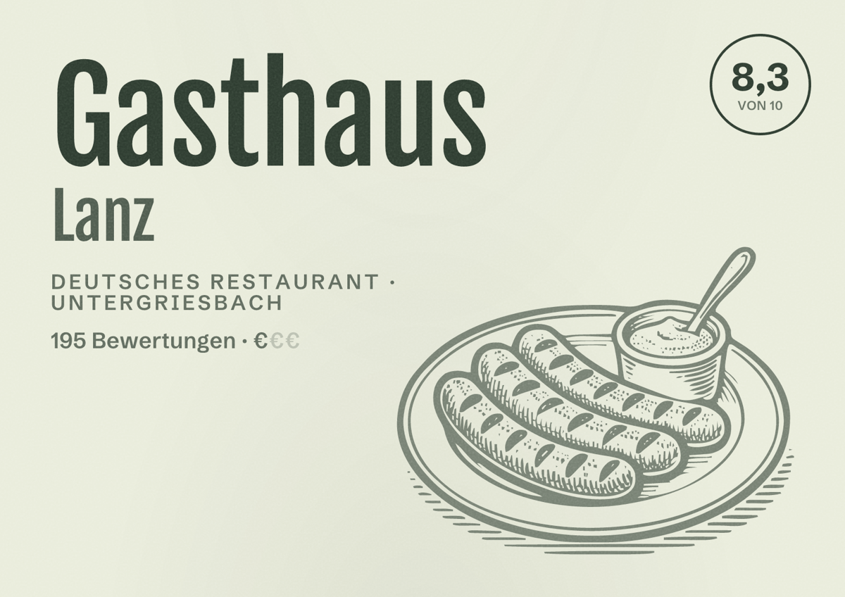 Illustriertes Poster von Gasthaus Lanz, Deutsches Restaurant in Untergriesbach: Bewertung 8,3 von 10 aus 195 Bewertungen, Preisniveau €