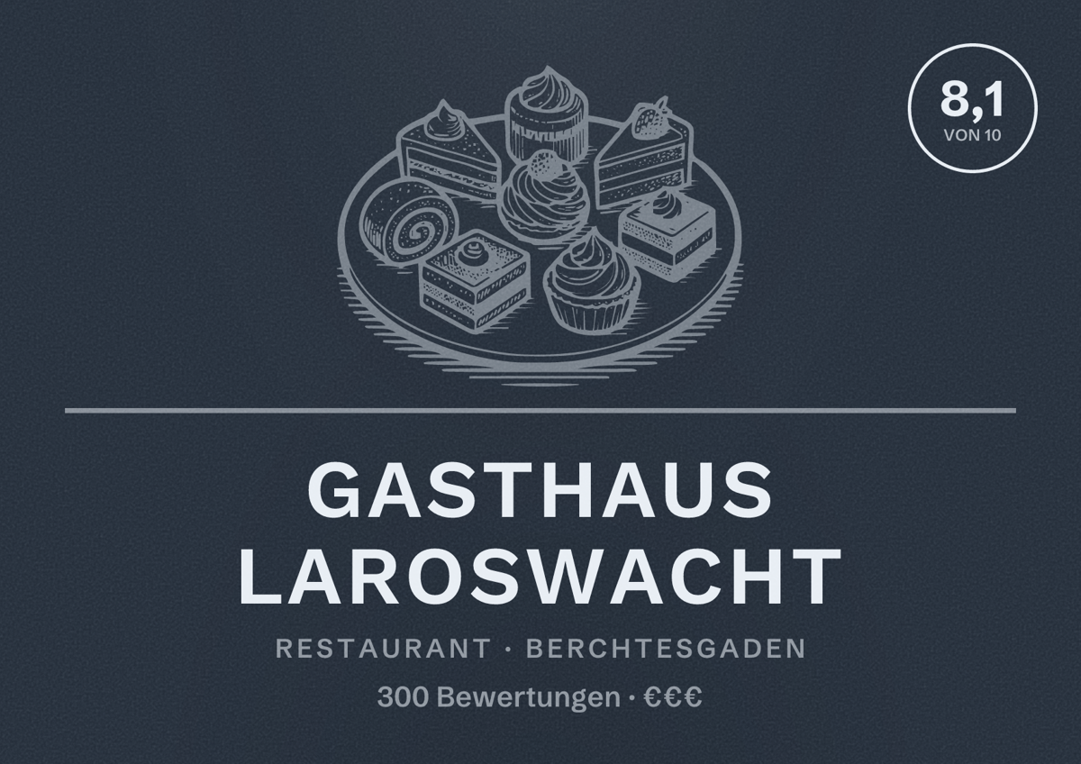 Illustriertes Poster von Gasthaus Laroswacht, Restaurant in Berchtesgaden: Bewertung 8,1 von 10 aus 300 Bewertungen, Preisniveau €€€