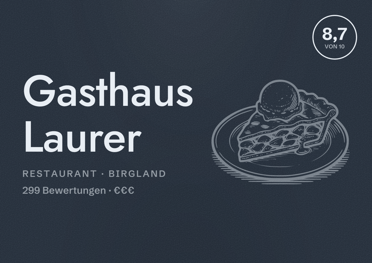 Illustriertes Poster von Gasthaus Laurer, Restaurant in Birgland: Bewertung 8,7 von 10 aus 299 Bewertungen, Preisniveau €€€