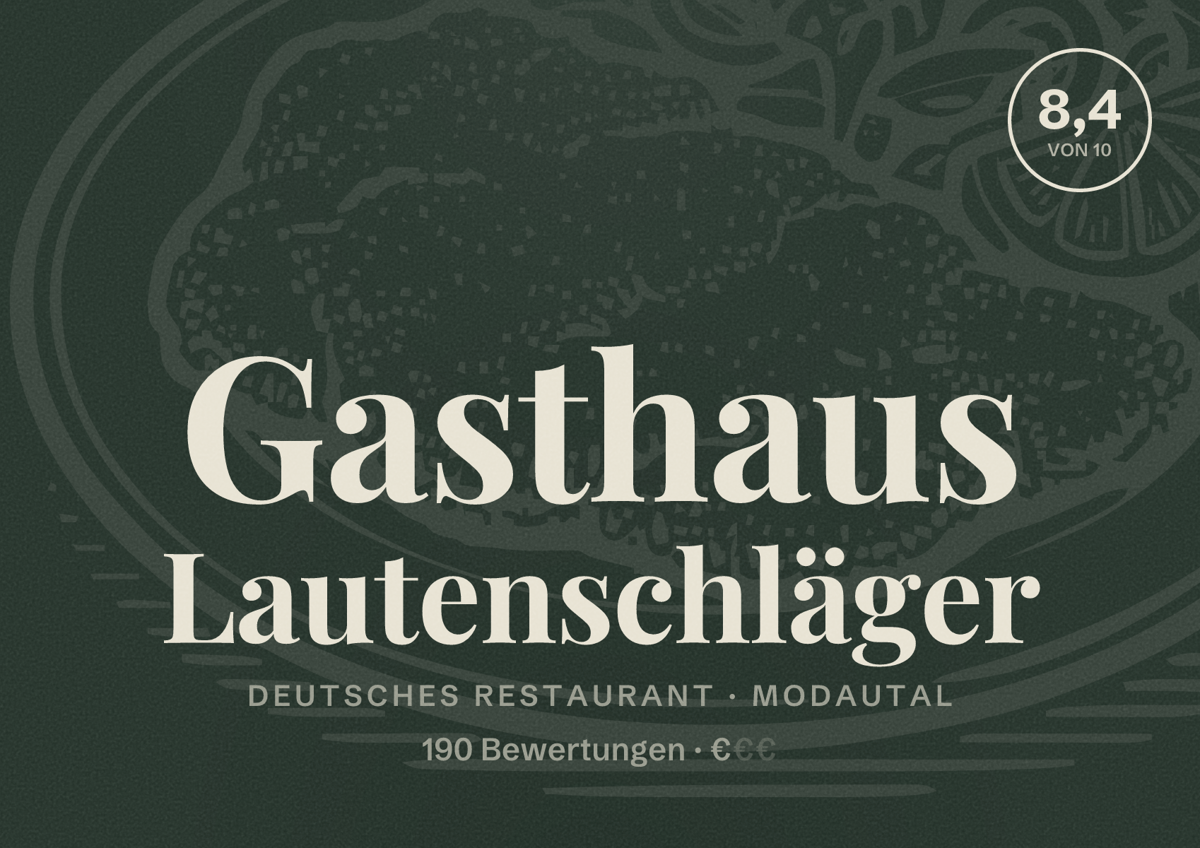 Illustriertes Poster von Gasthaus Lautenschläger, Deutsches Restaurant in Modautal: Bewertung 8,4 von 10 aus 190 Bewertungen, Preisniveau €