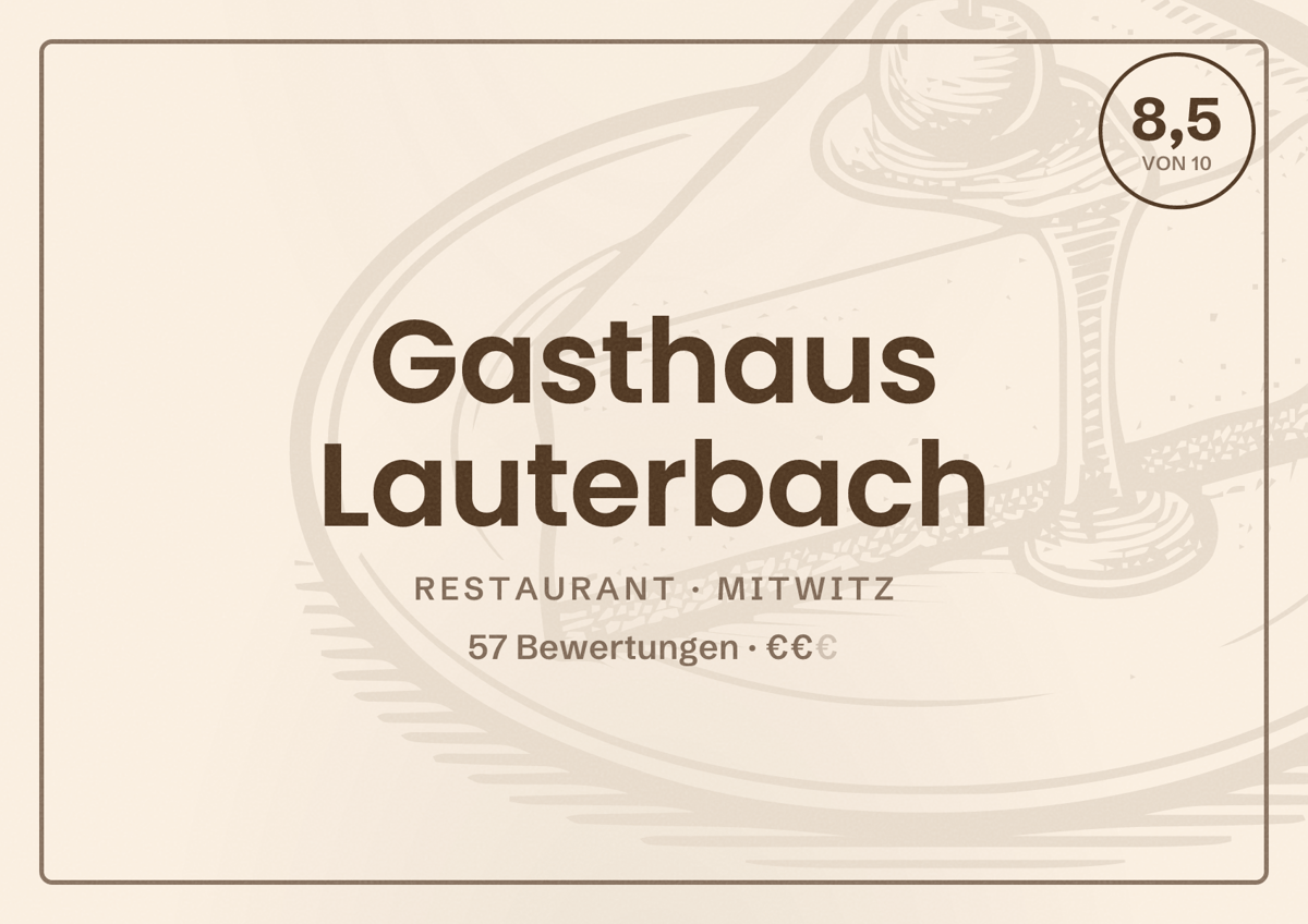 Illustriertes Poster von Gasthaus Lauterbach, Restaurant in Mitwitz: Bewertung 8,5 von 10 aus 57 Bewertungen, Preisniveau €€