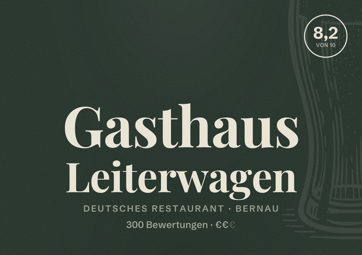 Illustriertes Poster von Gasthaus Leiterwagen, Deutsches Restaurant in Bernau: Bewertung 8,2 von 10 aus 300 Bewertungen, Preisniveau €€