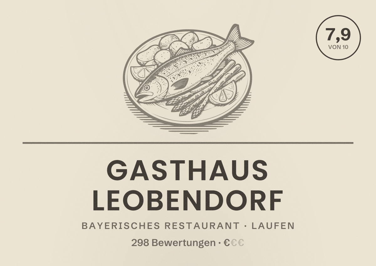 Illustriertes Poster von Gasthaus Leobendorf, Bayerisches Restaurant in Laufen: Bewertung 7,9 von 10 aus 298 Bewertungen, Preisniveau €