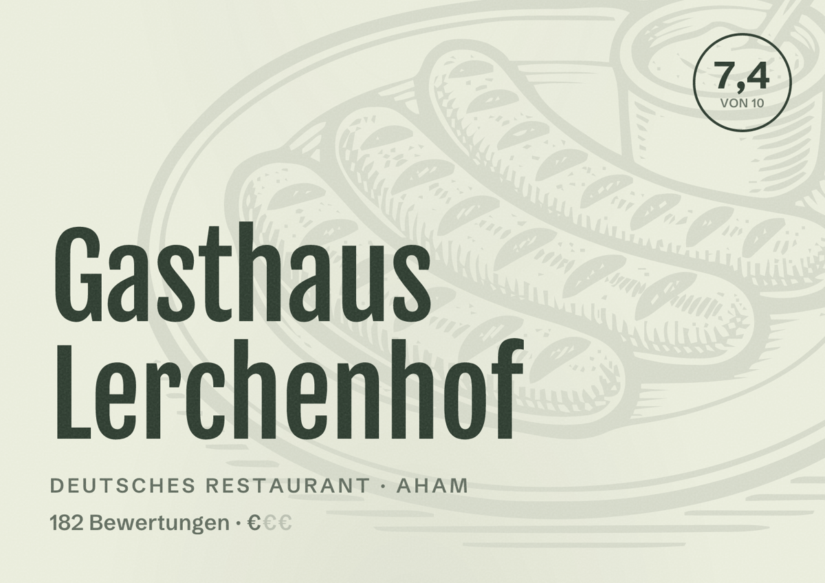 Illustriertes Poster von Gasthaus Lerchenhof, Deutsches Restaurant in Aham: Bewertung 7,4 von 10 aus 182 Bewertungen, Preisniveau €