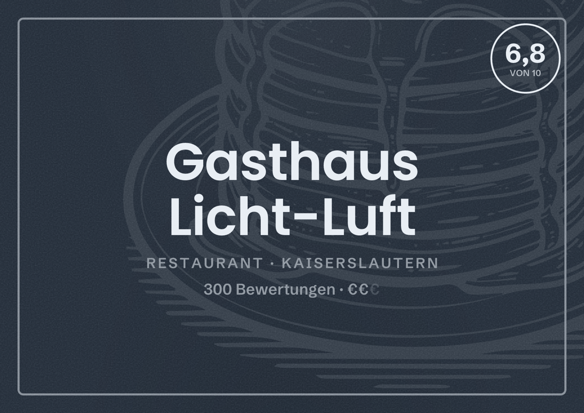 Illustriertes Poster von Gasthaus Licht-Luft, Restaurant in Kaiserslautern: Bewertung 6,8 von 10 aus 300 Bewertungen, Preisniveau €€