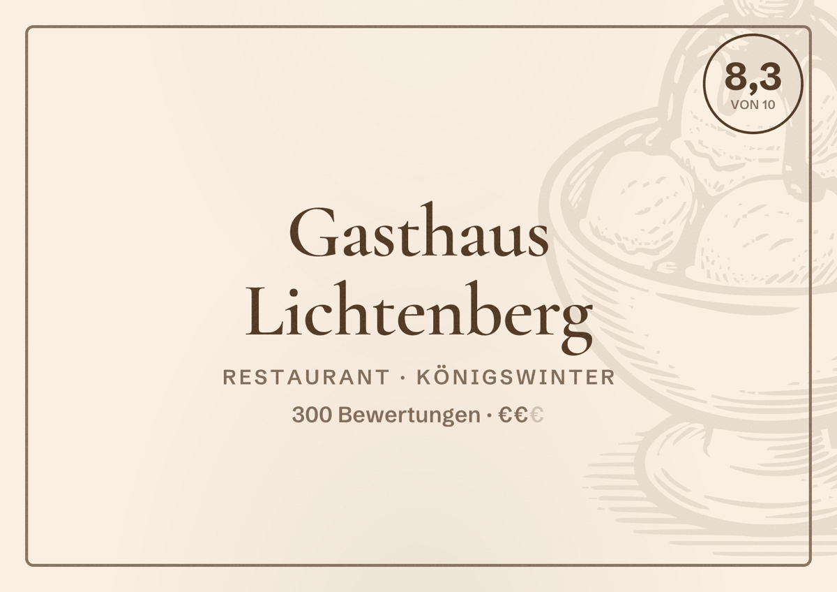 Illustriertes Poster von Gasthaus Lichtenberg, Restaurant in Königswinter: Bewertung 8,3 von 10 aus 300 Bewertungen, Preisniveau €€