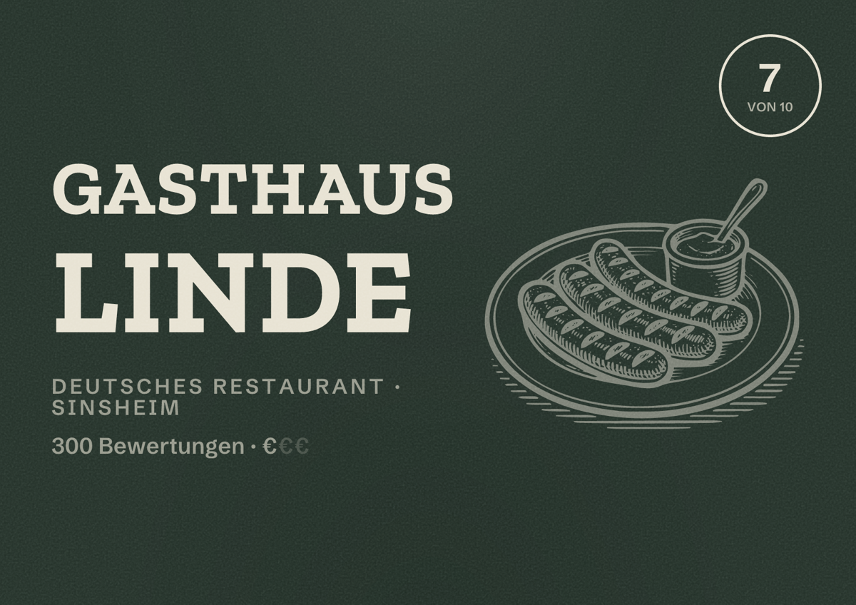Illustriertes Poster von Gasthaus Linde, Deutsches Restaurant in Sinsheim: Bewertung 7 von 10 aus 300 Bewertungen, Preisniveau €