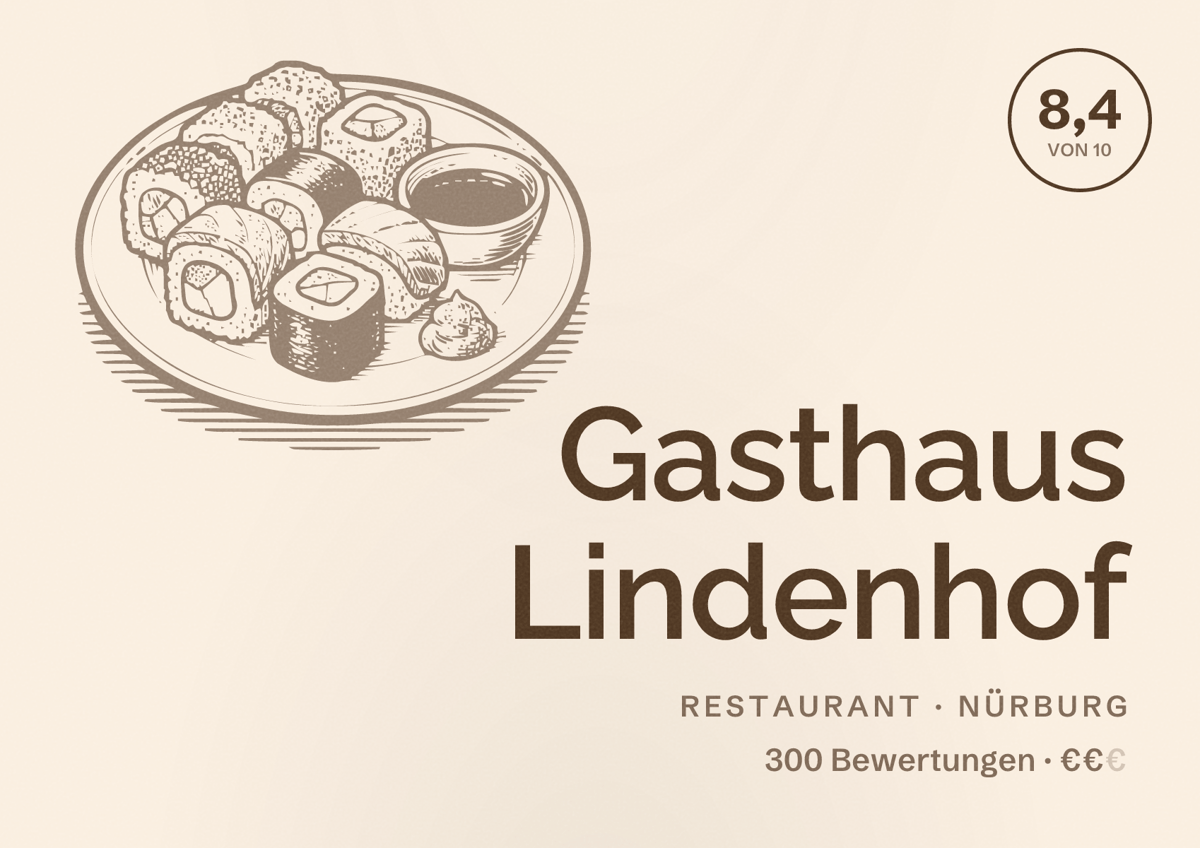 Illustriertes Poster von Gasthaus Lindenhof, Restaurant in Nürburg: Bewertung 8,4 von 10 aus 300 Bewertungen, Preisniveau €€