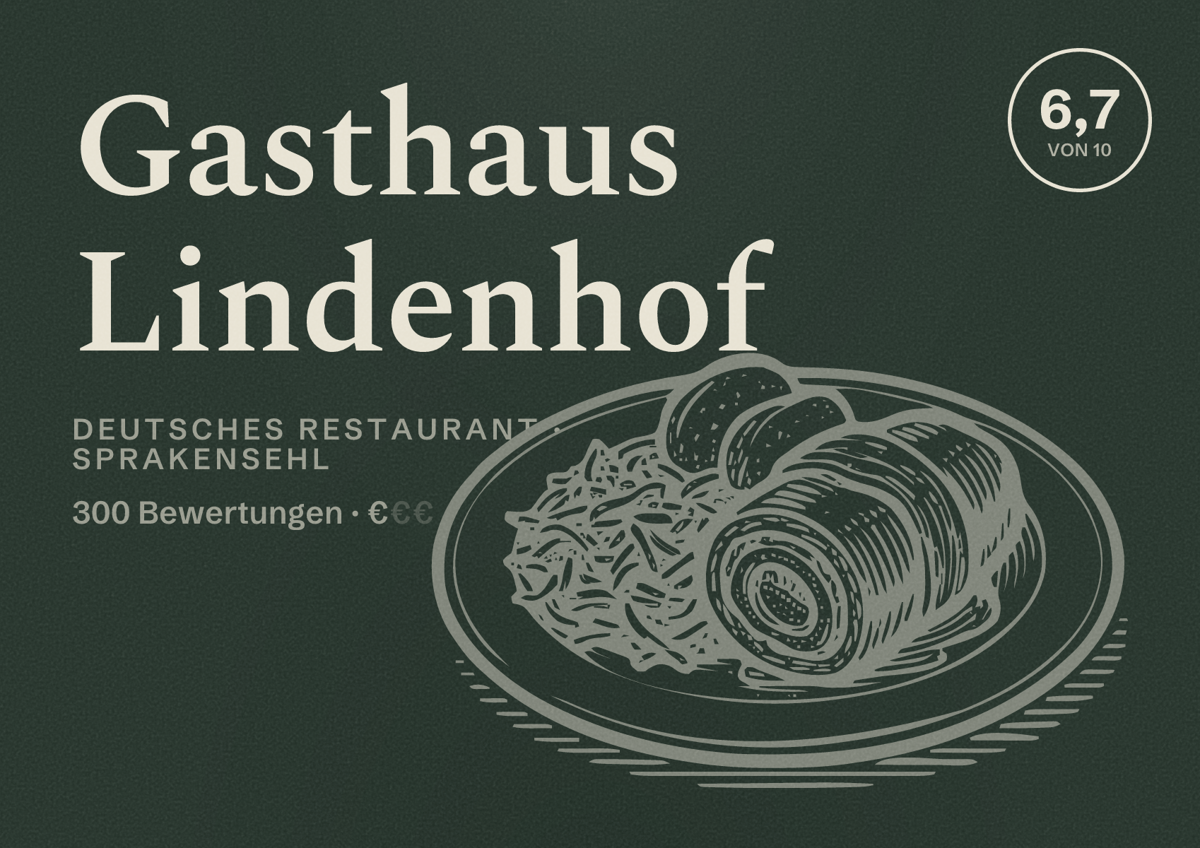Illustriertes Poster von Gasthaus Lindenhof, Deutsches Restaurant in Sprakensehl: Bewertung 6,7 von 10 aus 300 Bewertungen, Preisniveau €