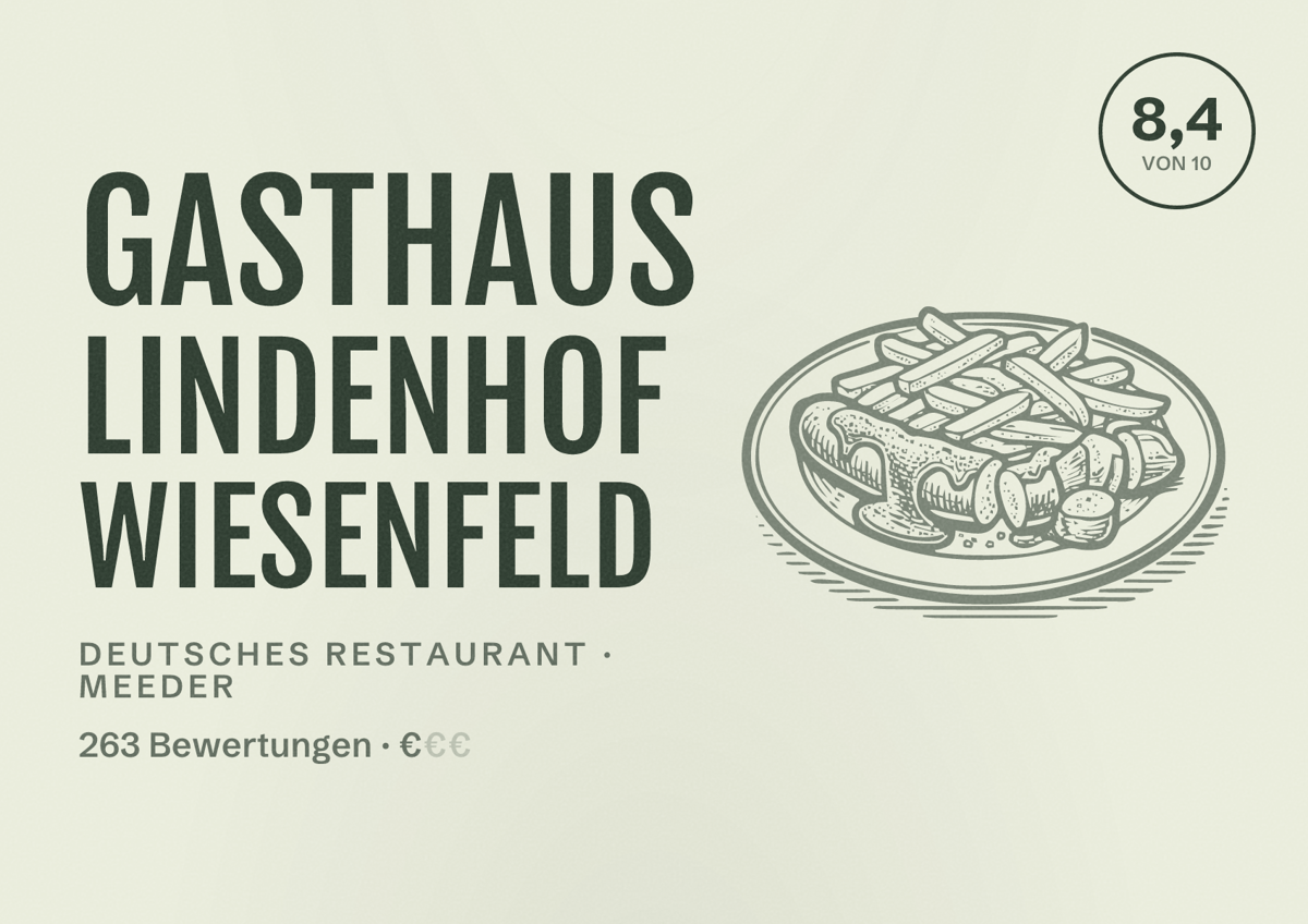 Illustriertes Poster von Gasthaus Lindenhof Wiesenfeld, Deutsches Restaurant in Meeder: Bewertung 8,4 von 10 aus 263 Bewertungen, Preisniveau €