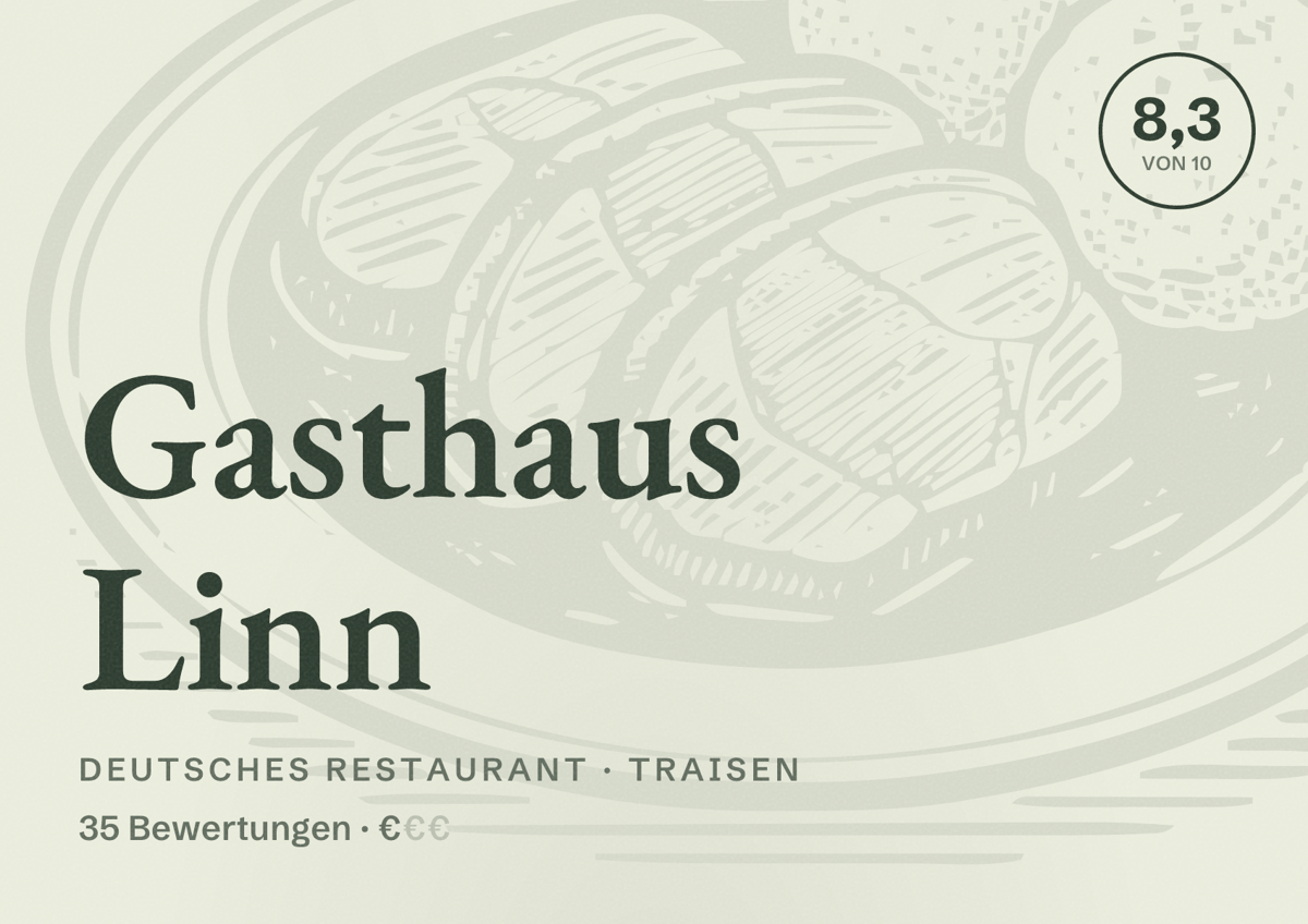 Illustriertes Poster von Gasthaus Linn, Deutsches Restaurant in Traisen: Bewertung 8,3 von 10 aus 35 Bewertungen, Preisniveau €