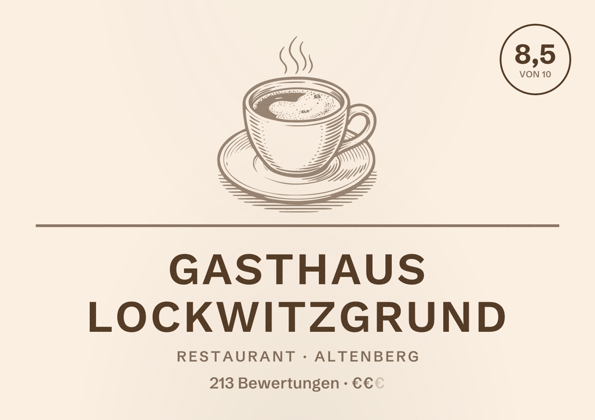 Illustriertes Poster von Gasthaus Lockwitzgrund, Restaurant in Altenberg: Bewertung 8,5 von 10 aus 213 Bewertungen, Preisniveau €€