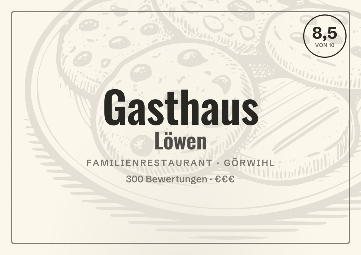Illustriertes Poster von Gasthaus Löwen, Familienrestaurant in Görwihl: Bewertung 8,5 von 10 aus 300 Bewertungen, Preisniveau €€€