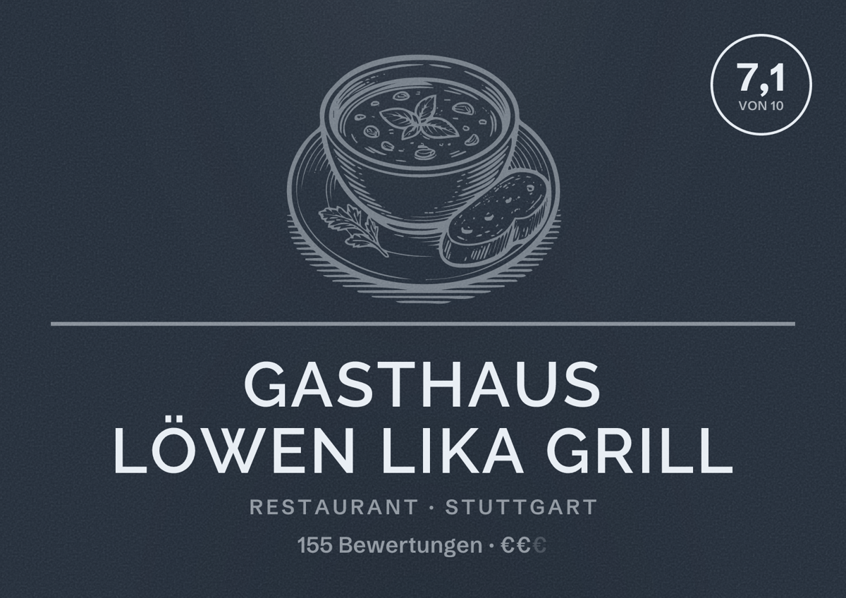 Illustriertes Poster von Gasthaus Löwen LIKA GRILL, Restaurant in Stuttgart: Bewertung 7,1 von 10 aus 155 Bewertungen, Preisniveau €€