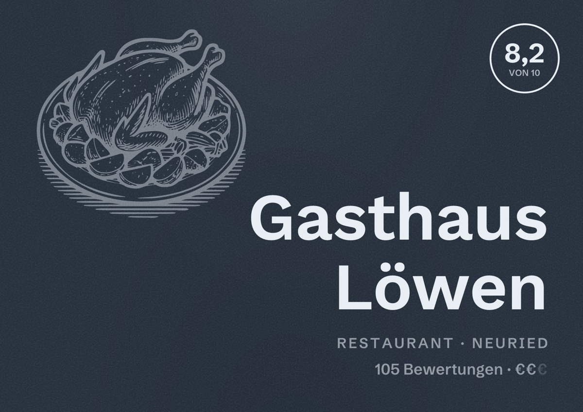 Illustriertes Poster von Gasthaus Löwen, Restaurant in Neuried: Bewertung 8,2 von 10 aus 105 Bewertungen, Preisniveau €€
