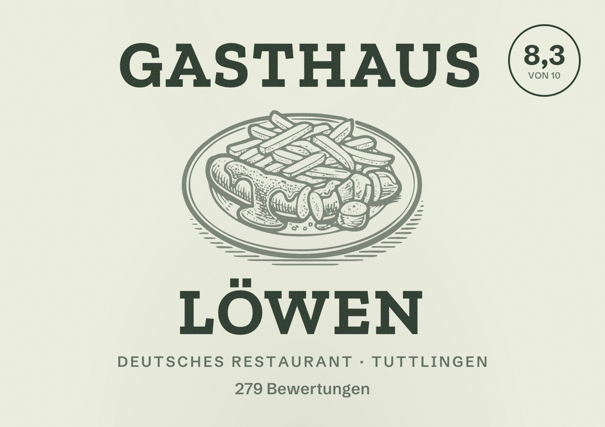 Illustriertes Poster von Gasthaus Löwen, Deutsches Restaurant in Tuttlingen: Bewertung 8,3 von 10 aus 279 Bewertungen