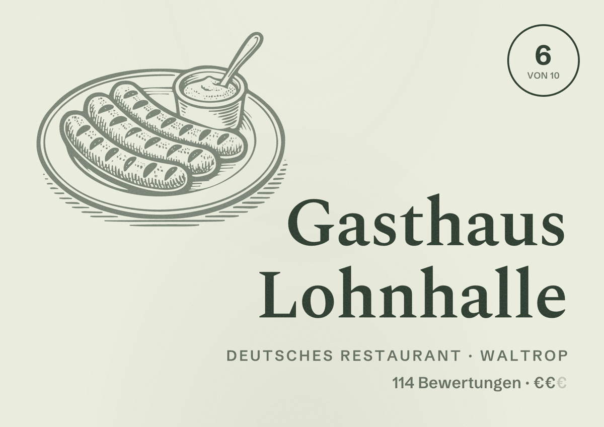Illustriertes Poster von Gasthaus Lohnhalle, Deutsches Restaurant in Waltrop: Bewertung 6 von 10 aus 114 Bewertungen, Preisniveau €€