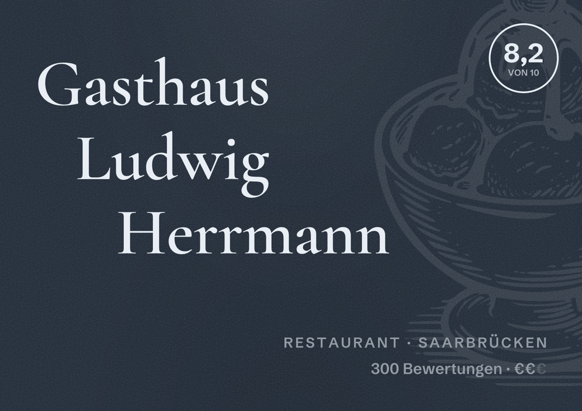 Illustriertes Poster von Gasthaus Ludwig Herrmann, Restaurant in Saarbrücken: Bewertung 8,2 von 10 aus 300 Bewertungen, Preisniveau €€
