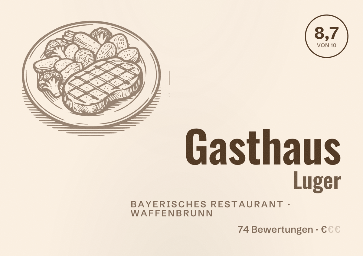Illustriertes Poster von Gasthaus Luger, Bayerisches Restaurant in Waffenbrunn: Bewertung 8,7 von 10 aus 74 Bewertungen, Preisniveau €
