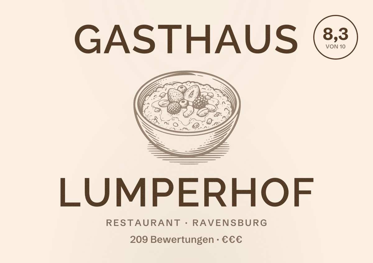 Illustriertes Poster von Gasthaus Lumperhof, Restaurant in Ravensburg: Bewertung 8,3 von 10 aus 209 Bewertungen, Preisniveau €€€