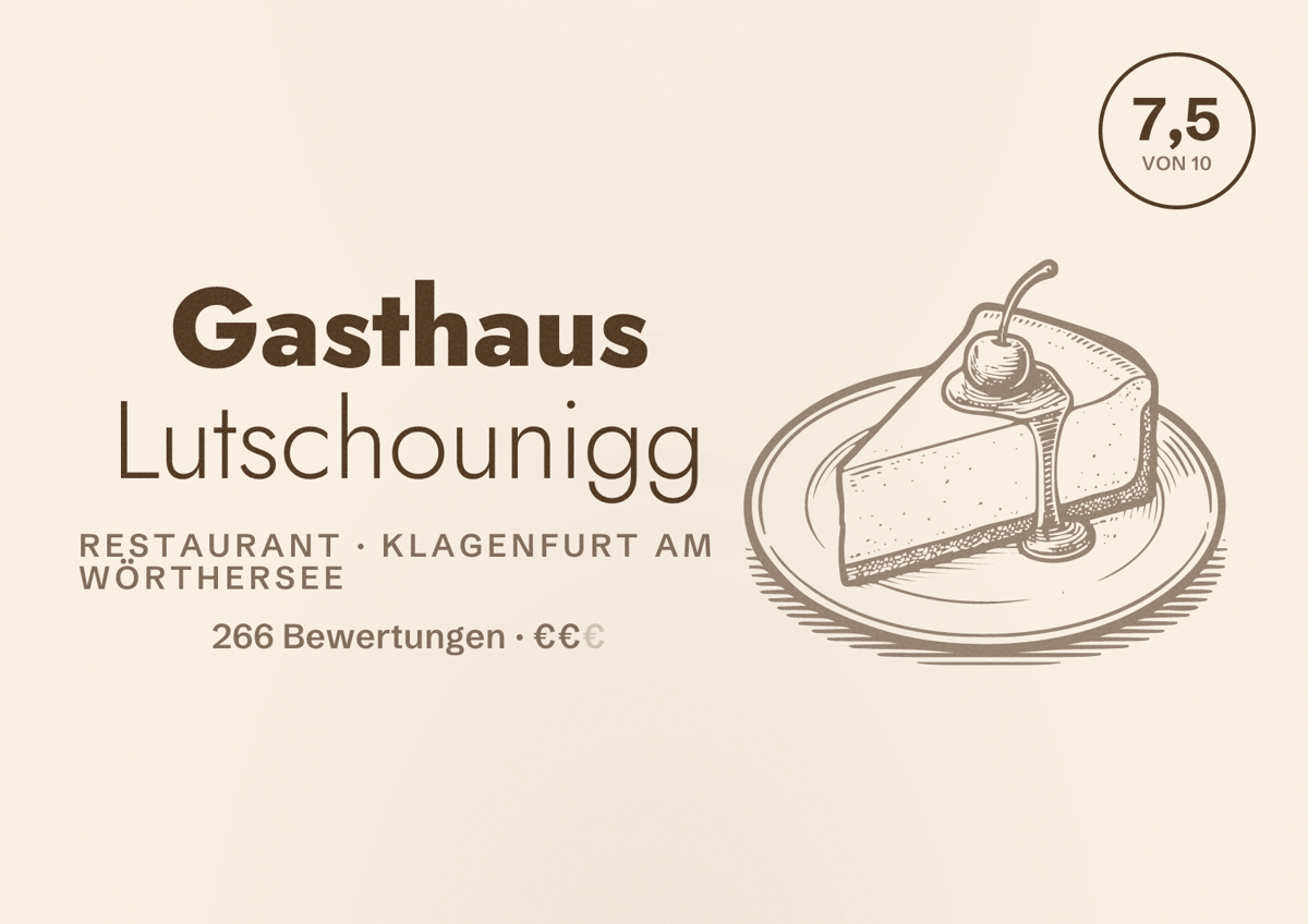 Illustriertes Poster von Gasthaus Lutschounigg, Restaurant in Klagenfurt am Wörthersee: Bewertung 7,5 von 10 aus 266 Bewertungen, Preisniveau €€
