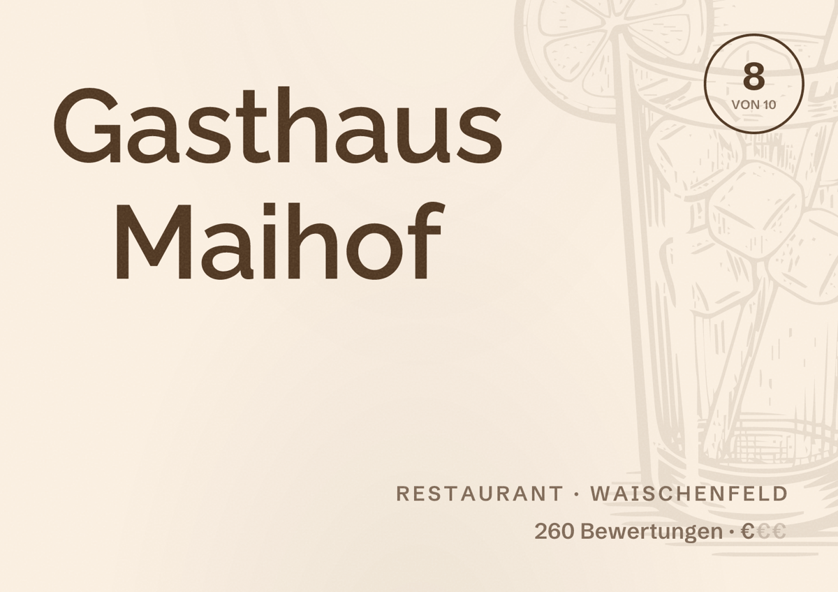Illustriertes Poster von Gasthaus Maihof, Restaurant in Waischenfeld: Bewertung 8 von 10 aus 260 Bewertungen, Preisniveau €